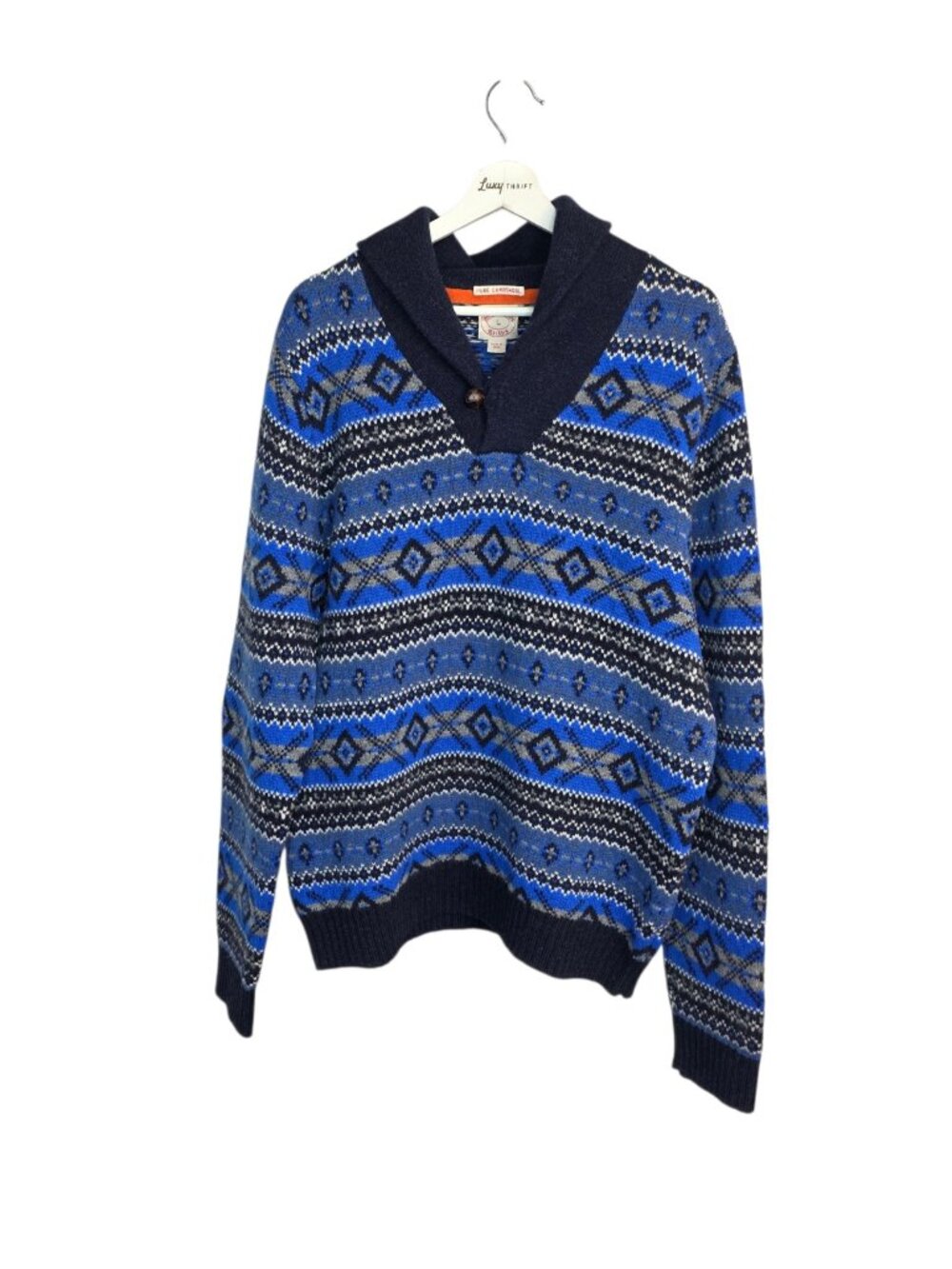 Brooks Brothers 100% Lambswool Shawl Collar Sweater, Aztec Tribal, Patch Elbow,L